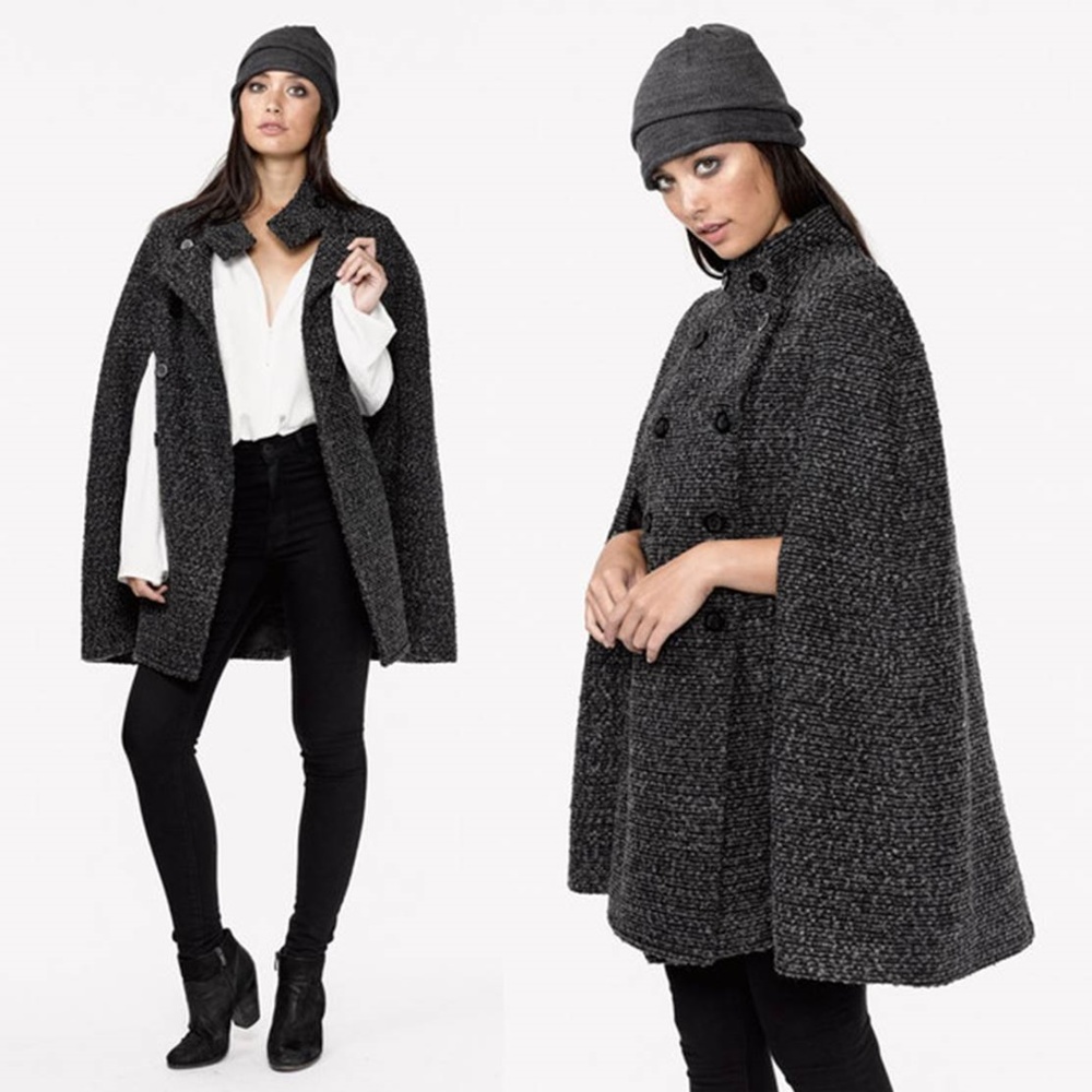 LOVE STITCH Charcoal Double Breasted Cape Coat S/M
